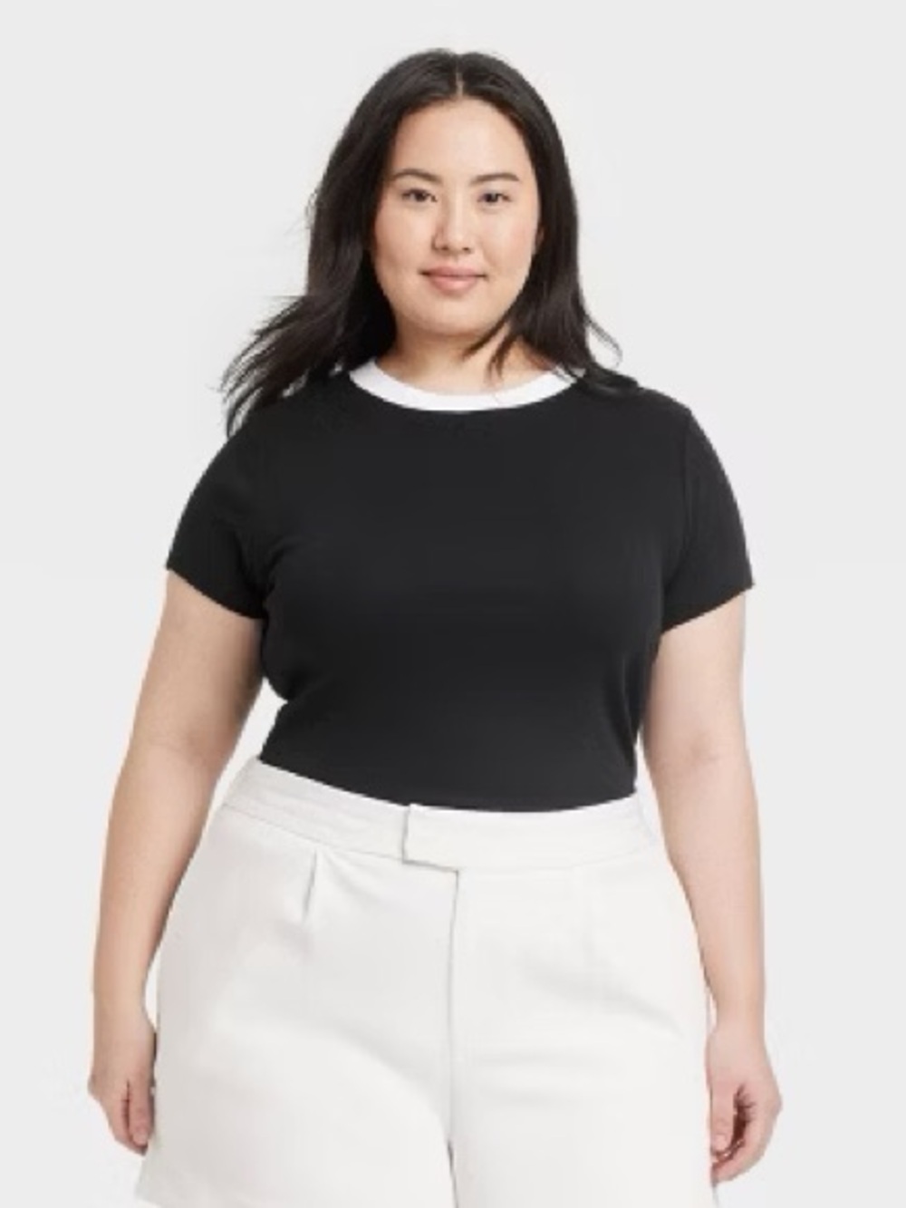 A New Day Black Ribbed Basic Short Sleeve Tee with White Trim